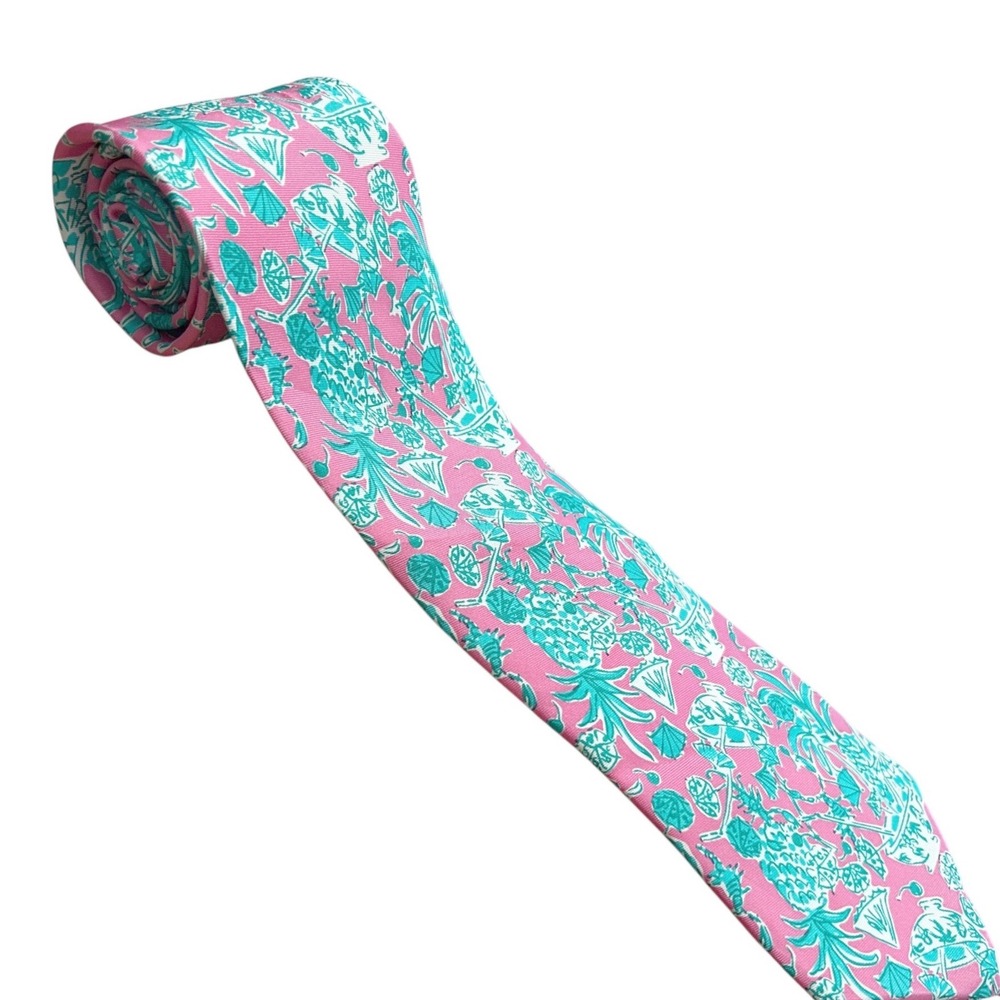 NWT Lilly Pulitzer Mens Hotty Pink Scorpion Bowl Silk Tie Tropical Pineapple - Picture 2 of 6